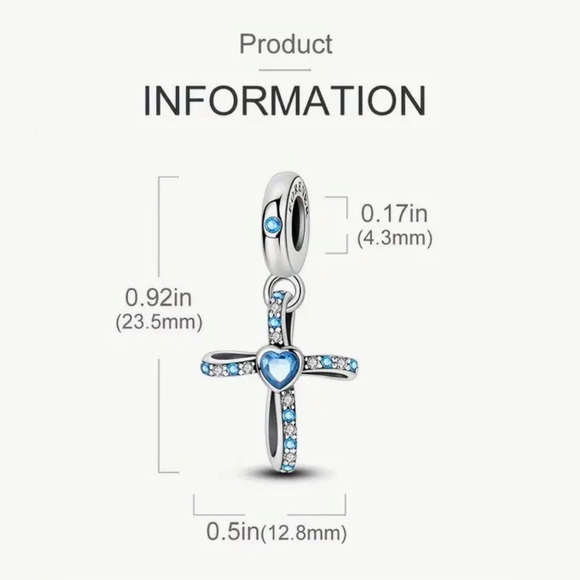 Silver & Blue Sparkle Dangle Cross Charm For Pandora Braclets - Picture 2 of 5